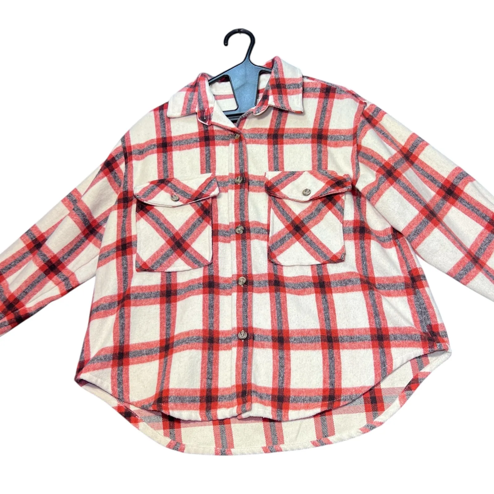 Dizzy Lizzy Flannel Shirt Jacket Womens Medium Plaid Button Up Layering Shacket Red - Image 2