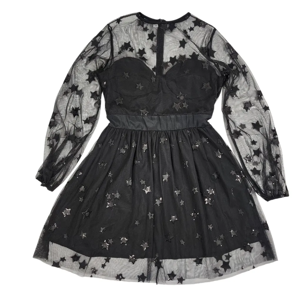 Women Sequin Star Print Black Tulle Dress Mesh See - Image 4