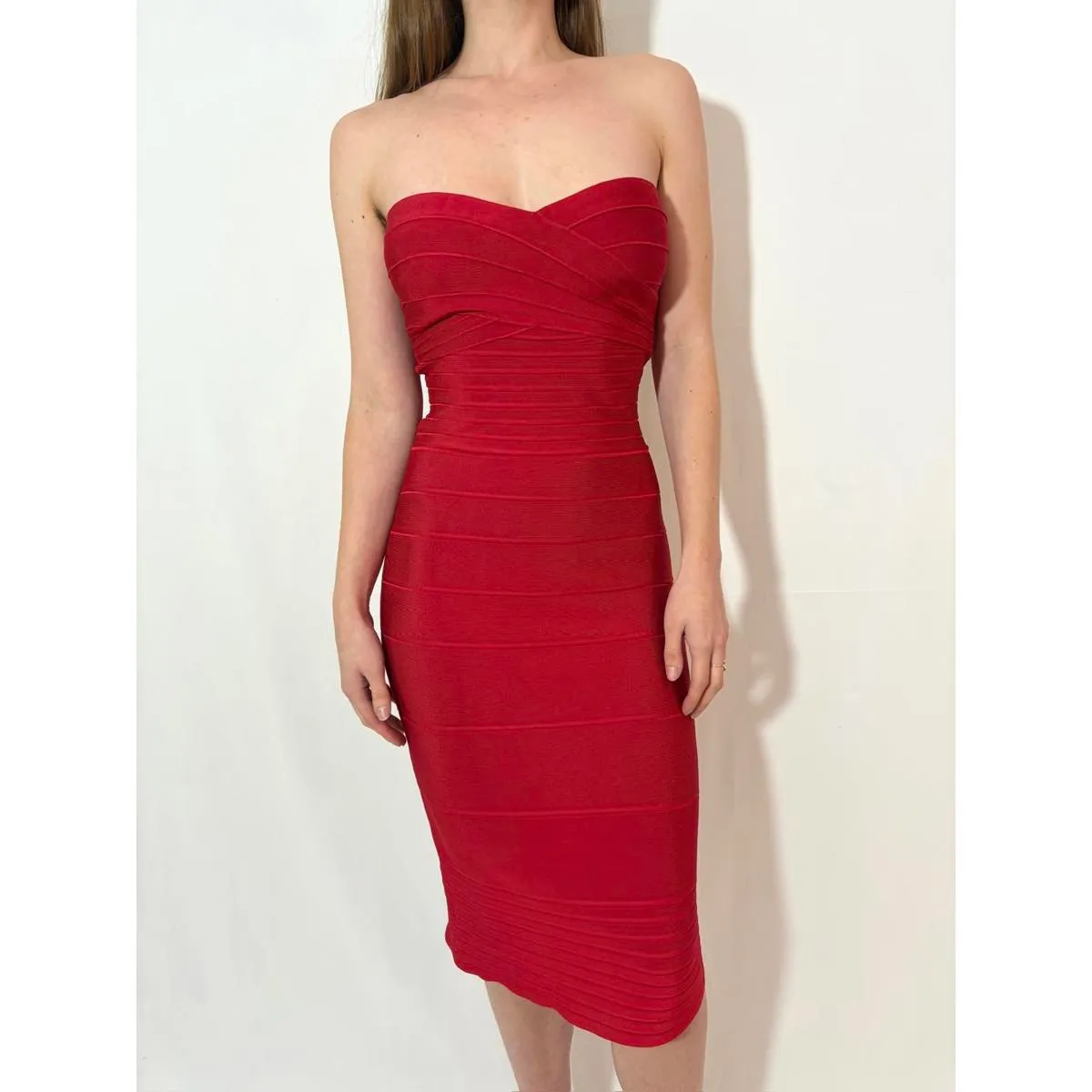 Cherry Red Strapless Herve Leger Bandage Dress - Image 5