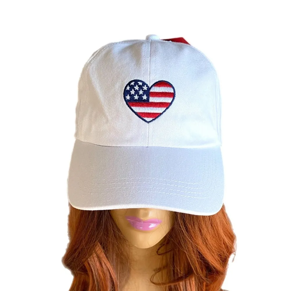 New American Flag Heart Embroidered Baseball Cap Patriotic Cute 4th of July White - Image 10