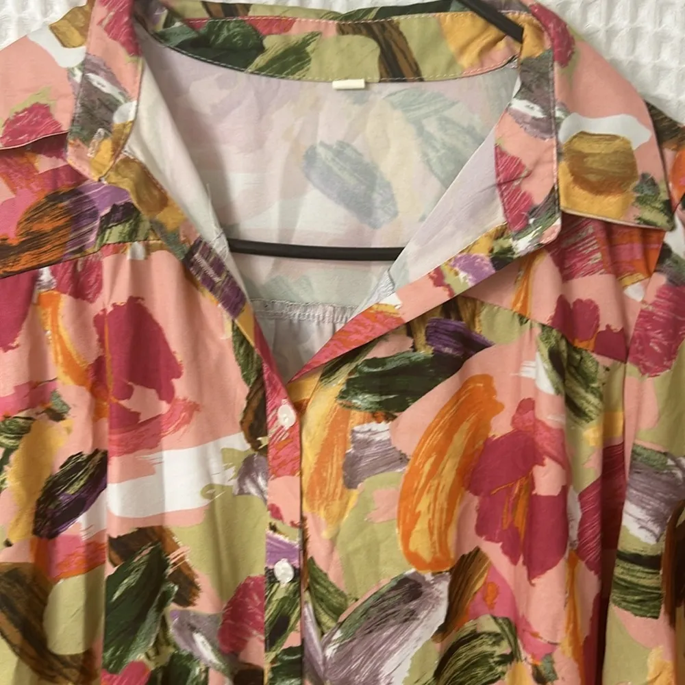 Women's Button Down Dress Brush Print Puff Sleeve Smock Sun Dress - Image 9