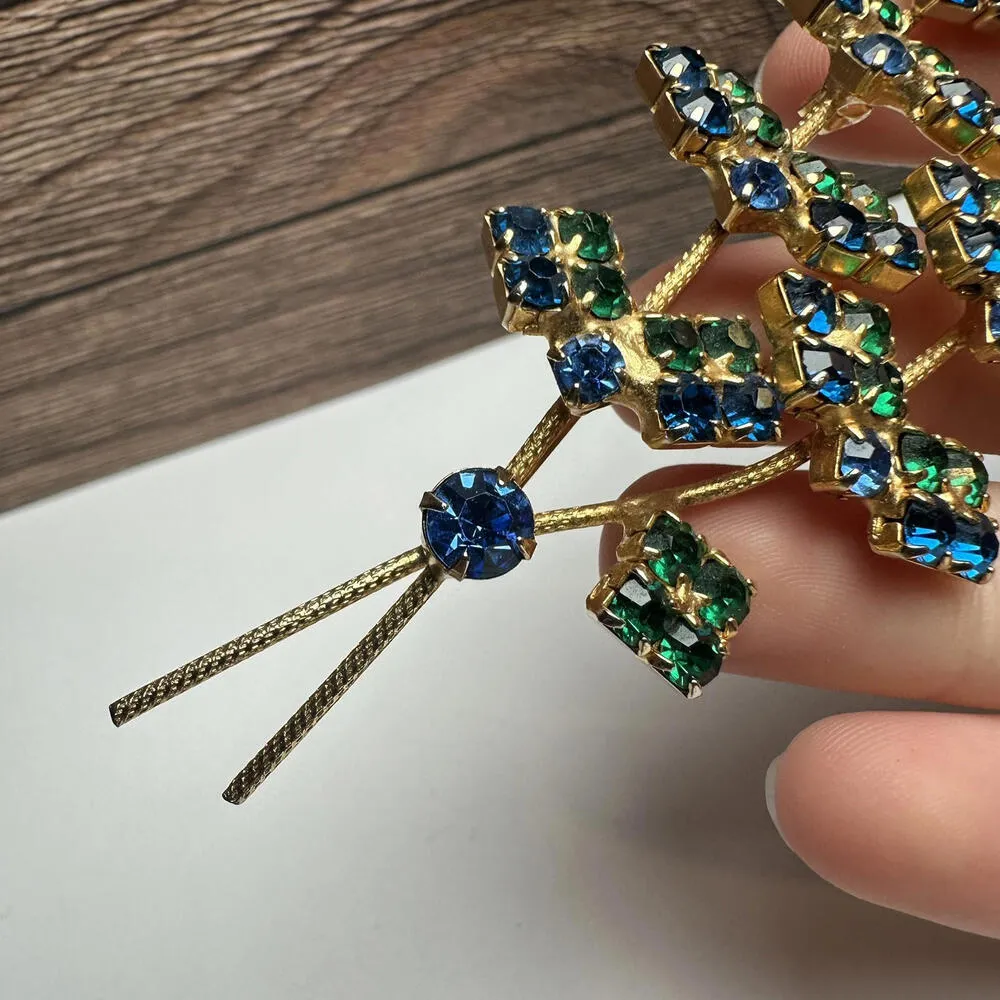 Green & Blue Prong Set Rhinestone Spray/Sprig Large Brooch Pin Vintage Gold - Image 3