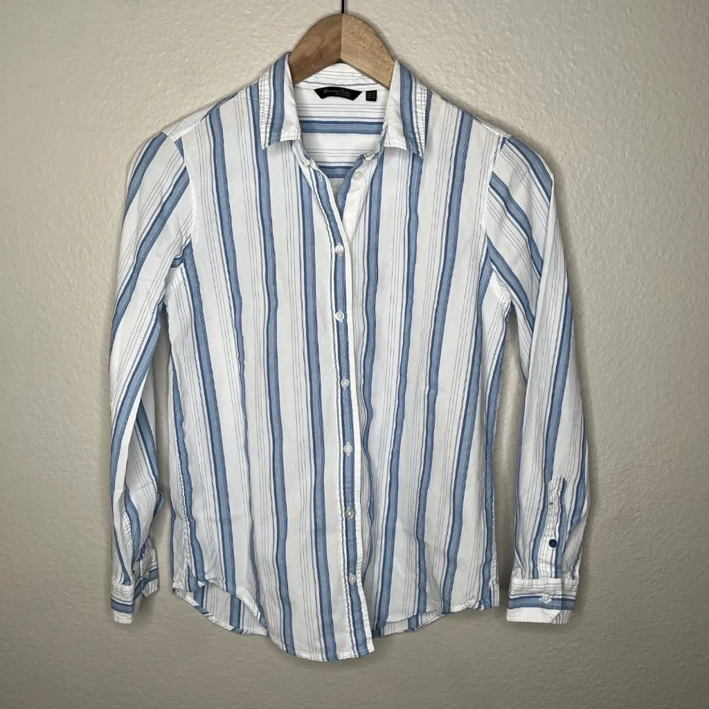 Massimo Dutti Womens Blue Striped Euro Summer Button-Down Shirt Size 4 - Image 2