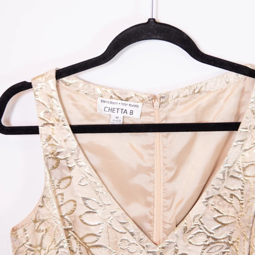 NEW Chetta B Gold Metallic Floral Jacquard Lame Belted Mini Sheath Dress 10 - Image 2