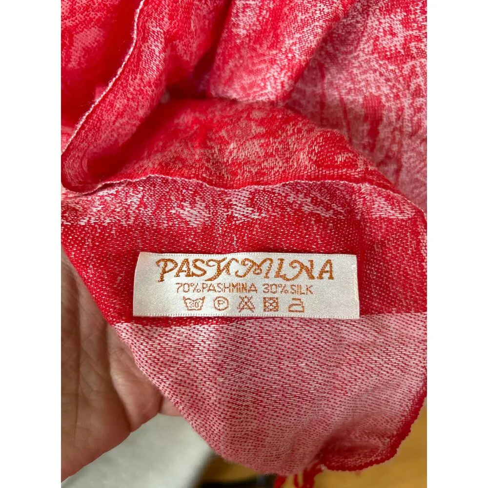 Red & White Paisley Fringe Pashmina Cashmere & Silk Scarf Shawl - Image 4