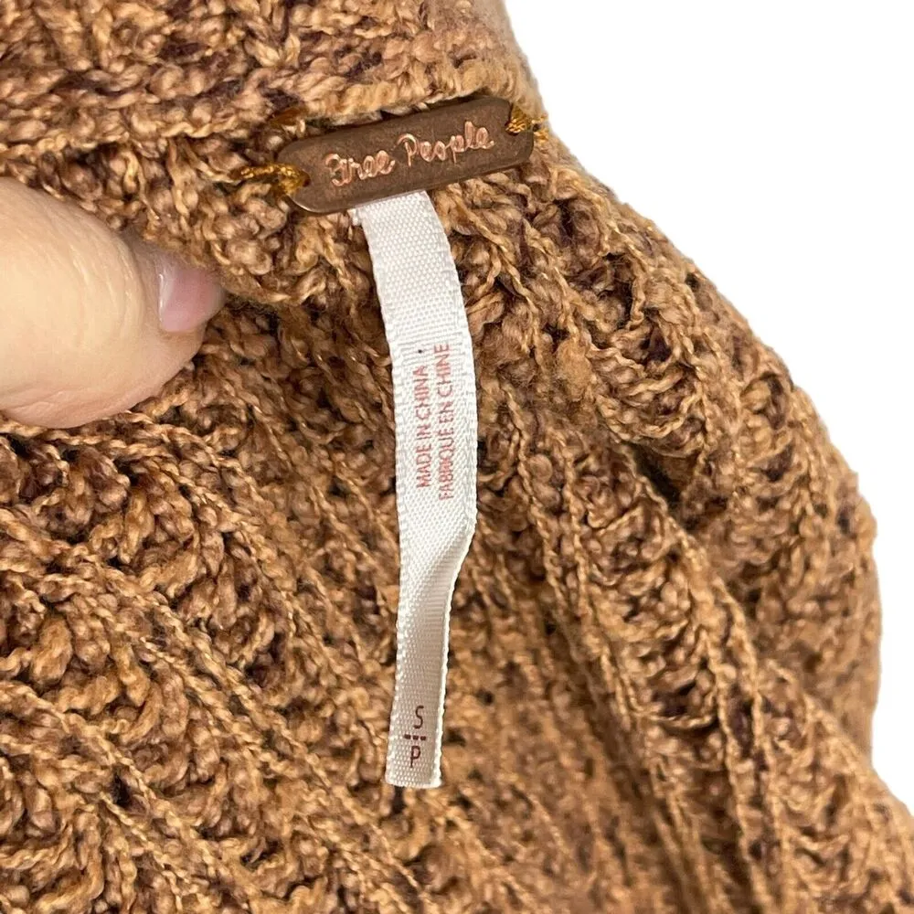 Free People On Your Side Pullover Sweater Small Cable Knit Brown Boxy Cropped - Image 13
