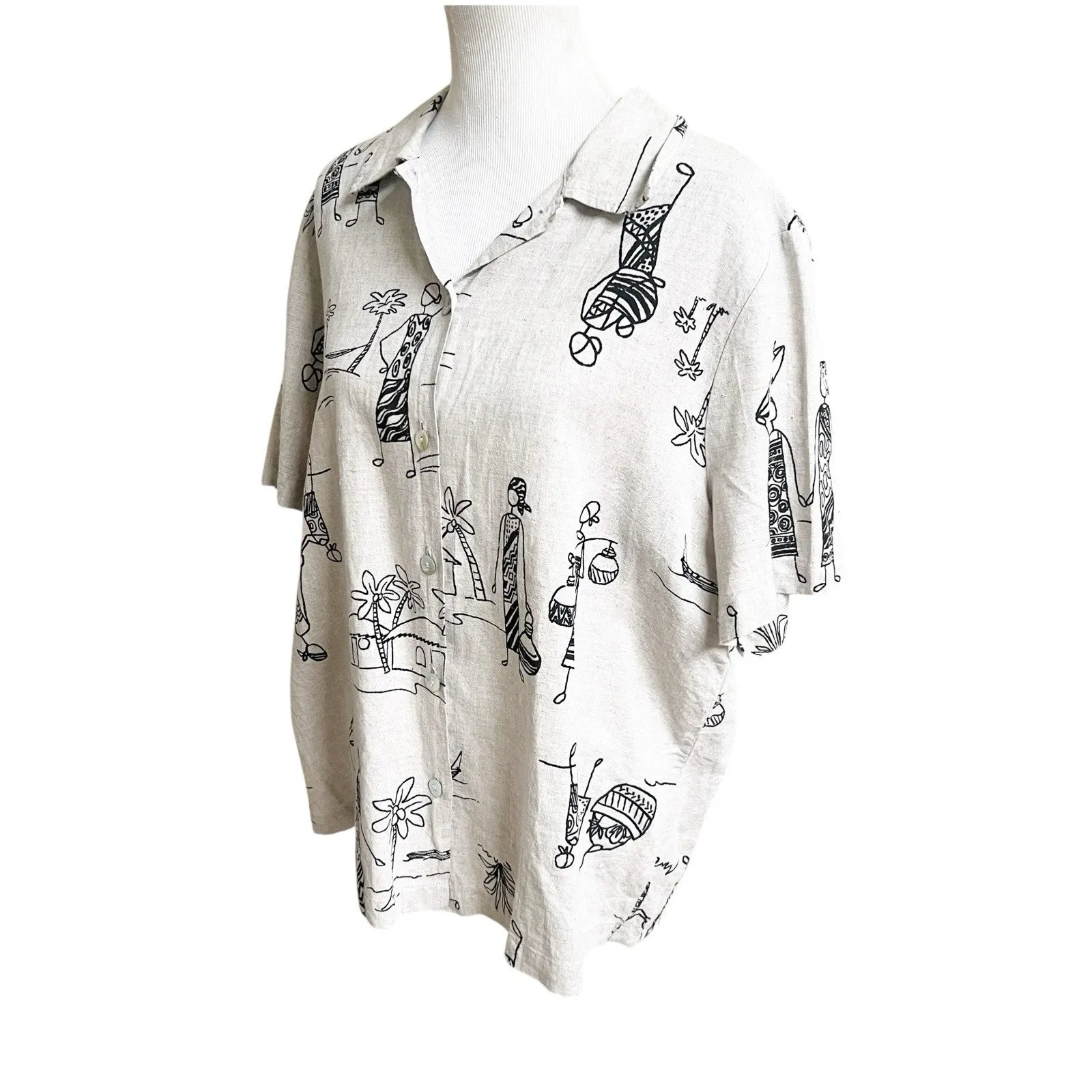 Hot Cotton Marc Ware African Culture Short Sleeved Linen Shirt Women 1X Vintage Black - Image 2