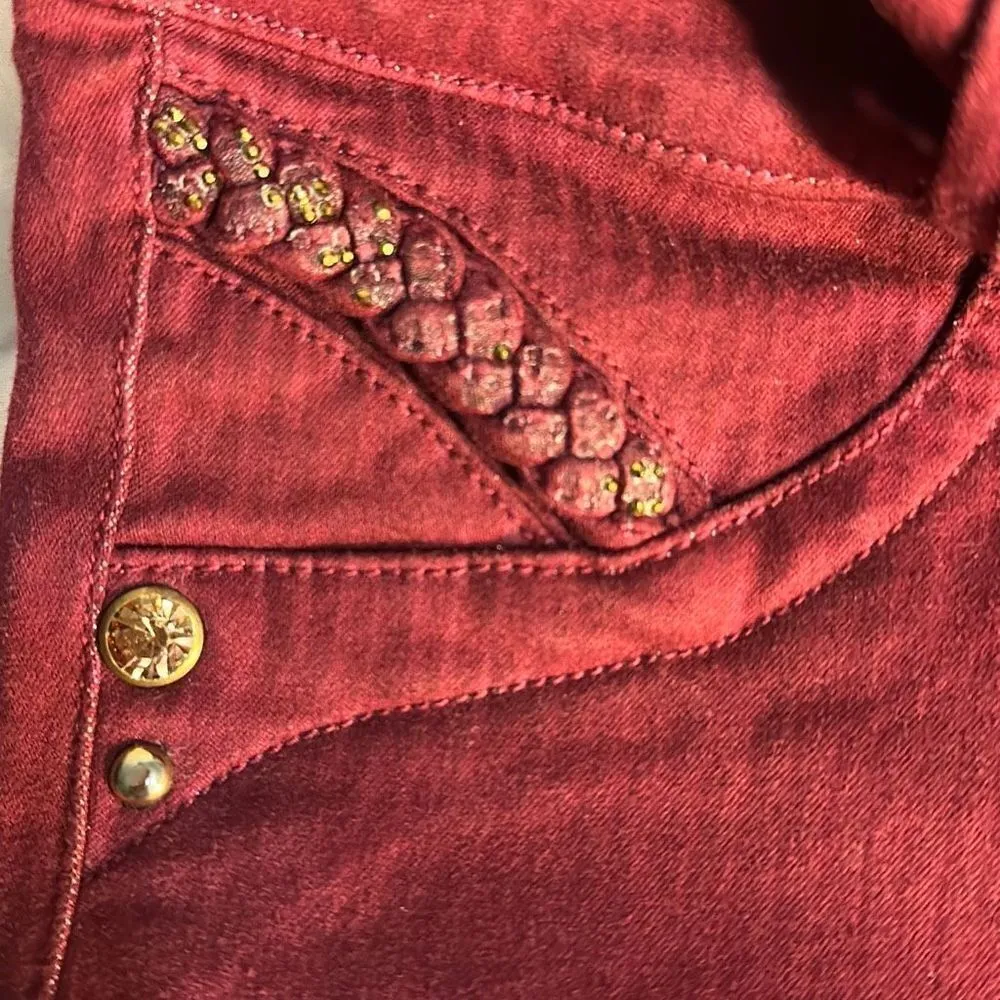 I Love N2 Elastic Tapered Jeans Red with Heart Back Pockets Waist: 29 inches - Image 10