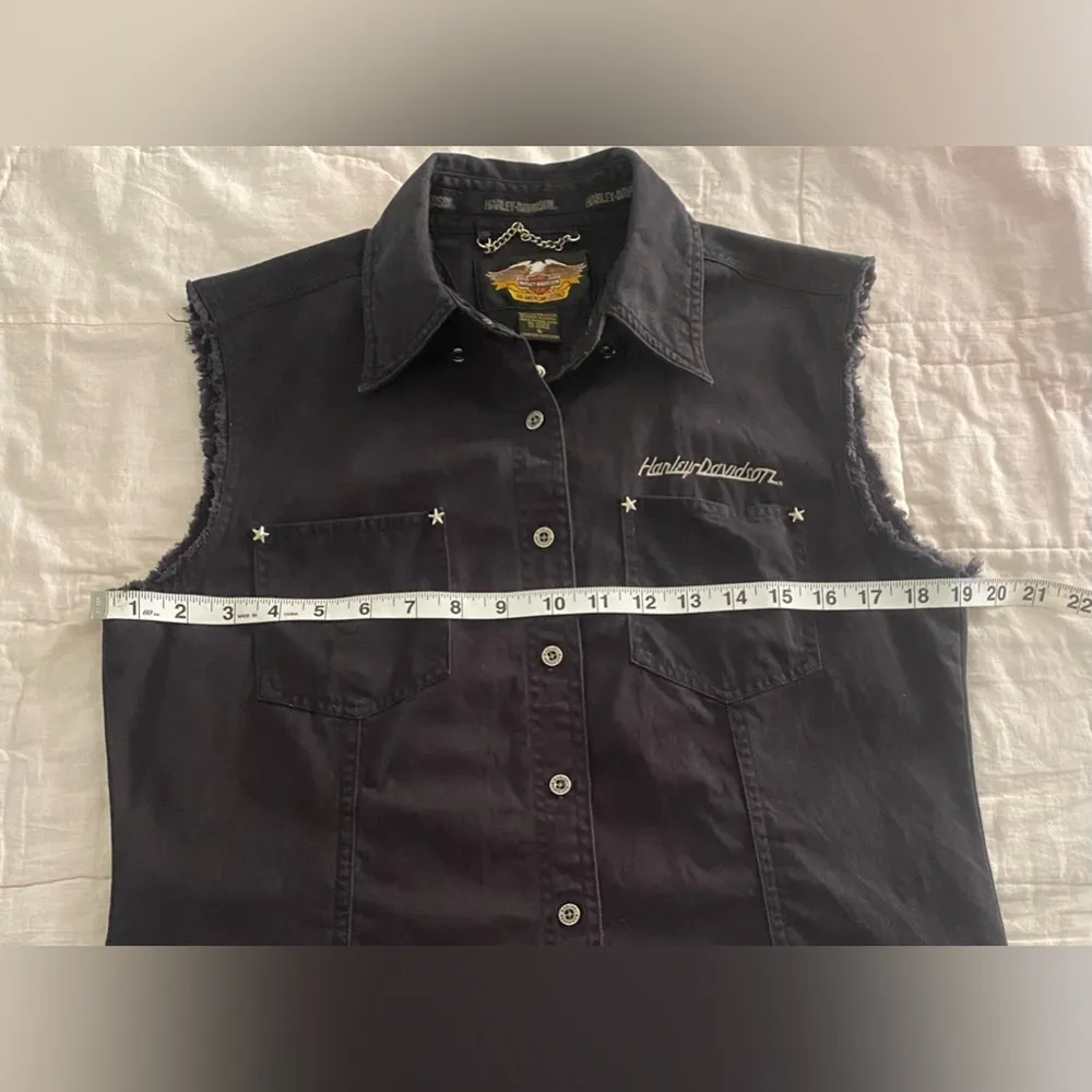 Harley Davidson Vest Black Denim Women's Embroidered Biker Size S Vtg EUC - Image 6