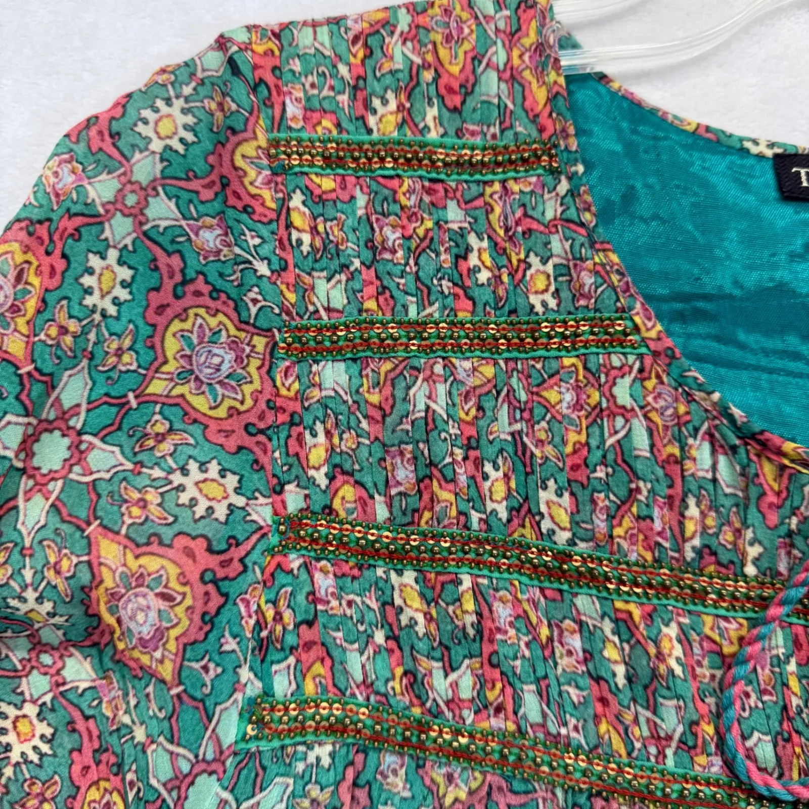 Anthropologie Tanvi Kedia Dress Bohemian Tassel Tie Rayon‎ Green Floral Print S - Image 6