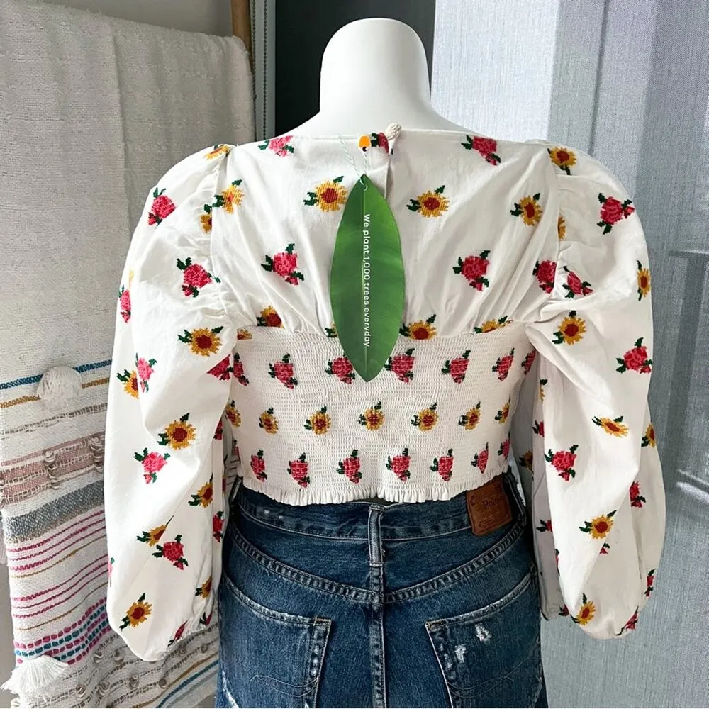 Farm Rio Mixed Cross Stitch Flowers Embroidered Long Balloon Sleeves Crop Top XL - Image 4