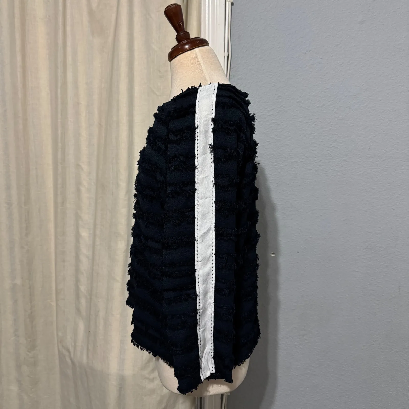 ZARA BASIC Black Textured Fringe Border White Side Long Sleeve Top Women Size M Size M - Image 3