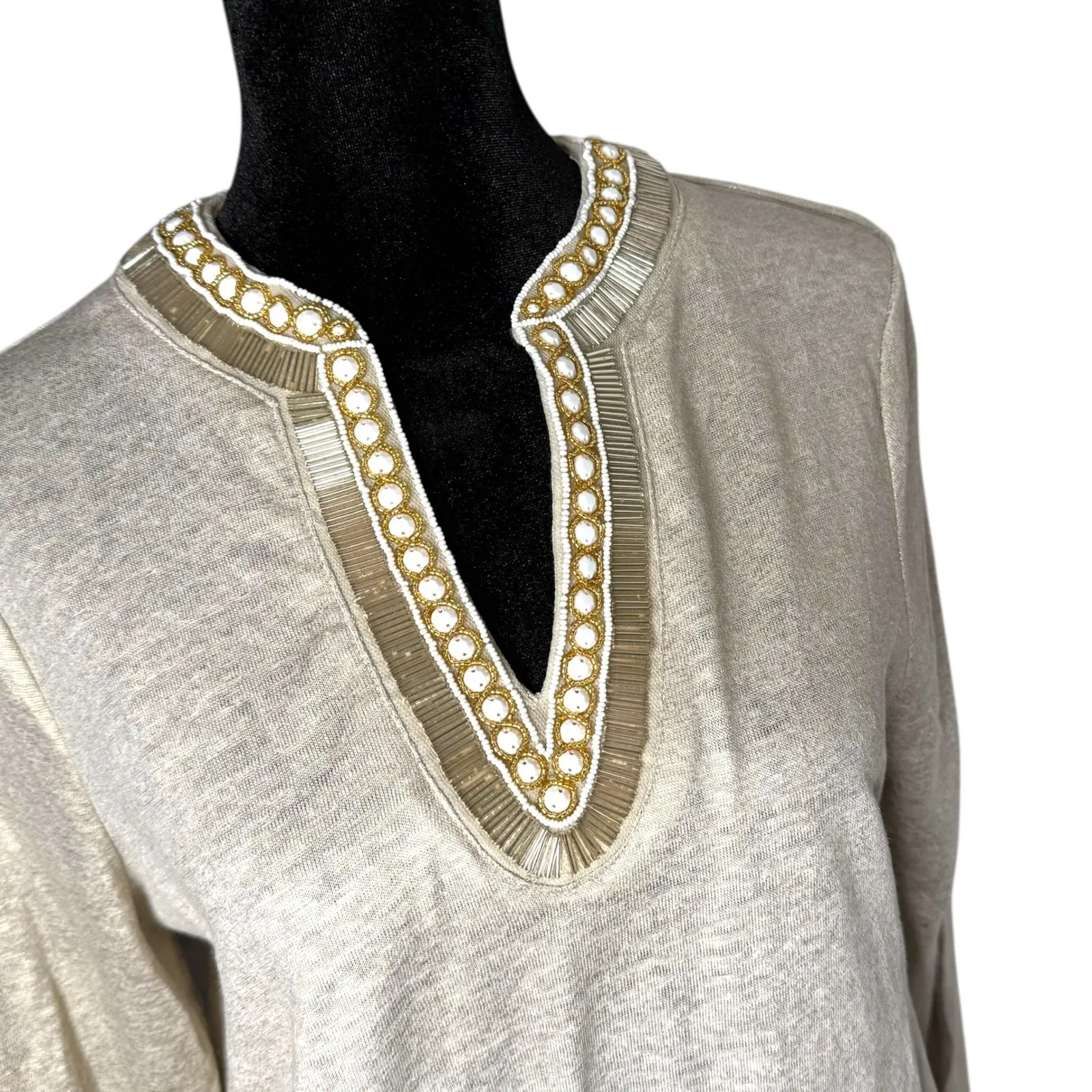 Chico's 100% Linen Beaded Tunic Top Size 0 S Metallic Shimmery Gold‎ 3/4 Sleeve - Image 2