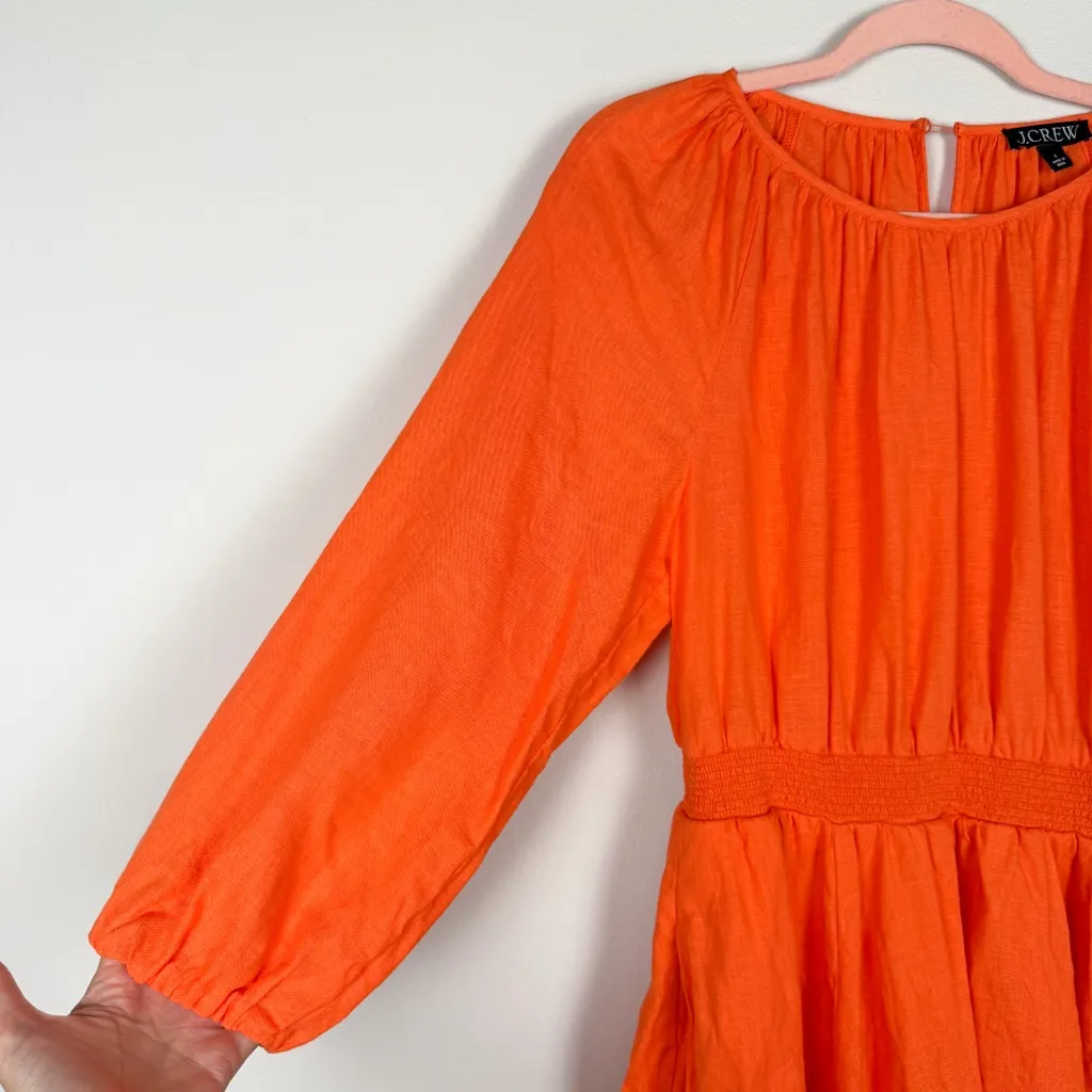 J. Crew Palermo Linen‎ Smocked Waist Mini Dress Long Sleeve Orange Size Small - Image 3
