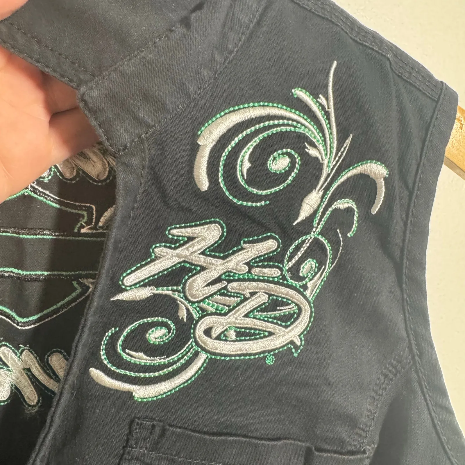 Harley-Davidson Corset Tie Biker Vest Women L Black Green Embroidery Moto Sport - Image 9