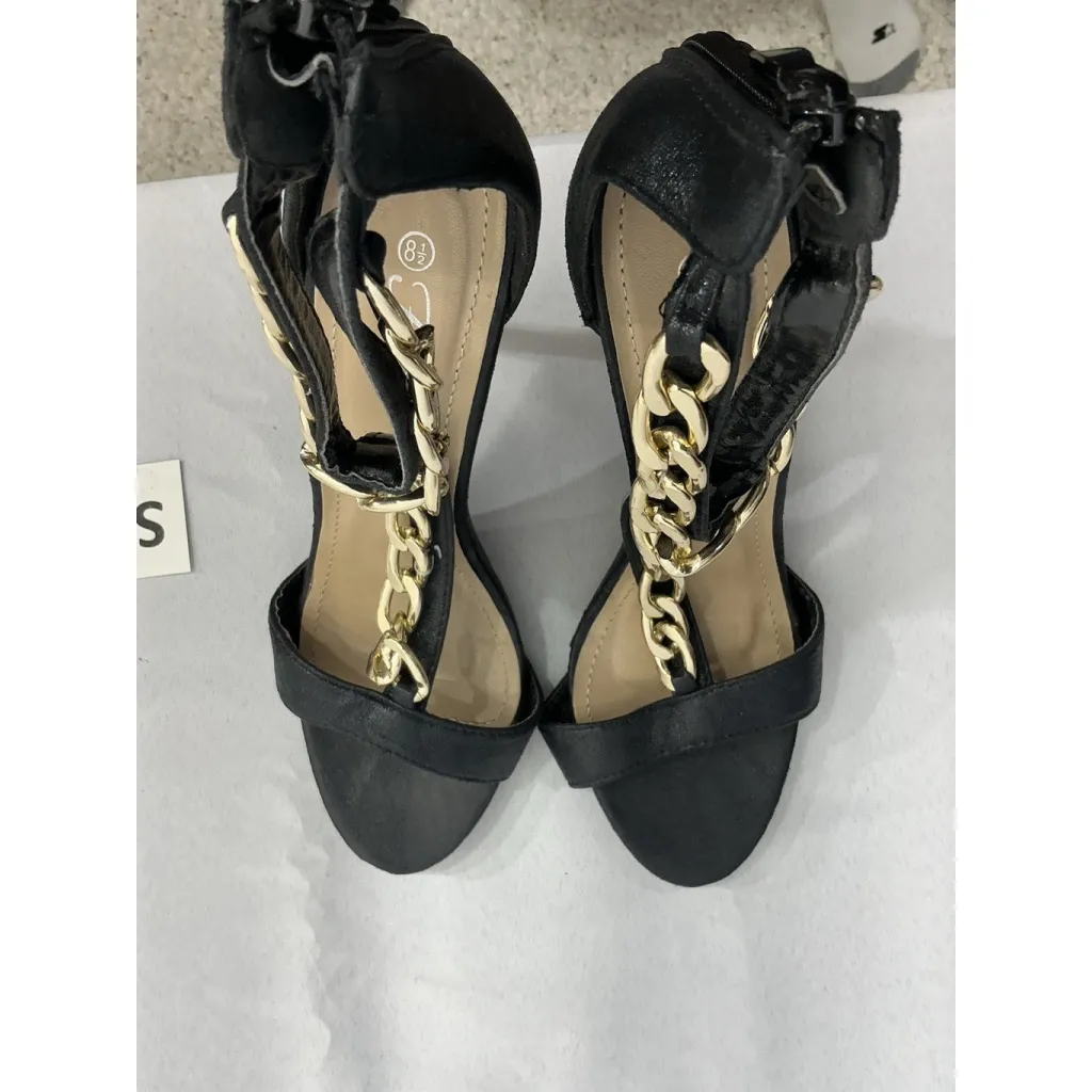 Womans Forever 21 Roslyn Pumps 8.5 Black Back Zip chain Accent Stiletto Heels - Image 6