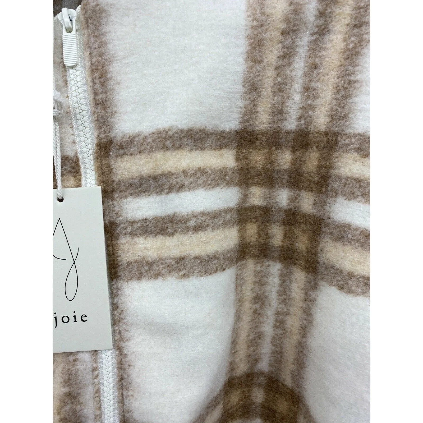 Joie Plaid Fleece Lined Hoodie Quarter Zip Pullover M M Tan Cream Casual - Image 6