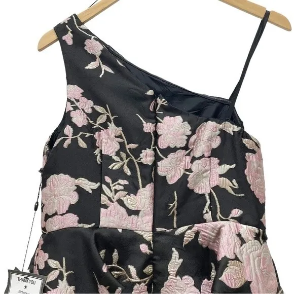 NWT Adrianna Papell One Shoulder Dress Black & Pink Floral Jacquard Size 6 NEW - Image 7