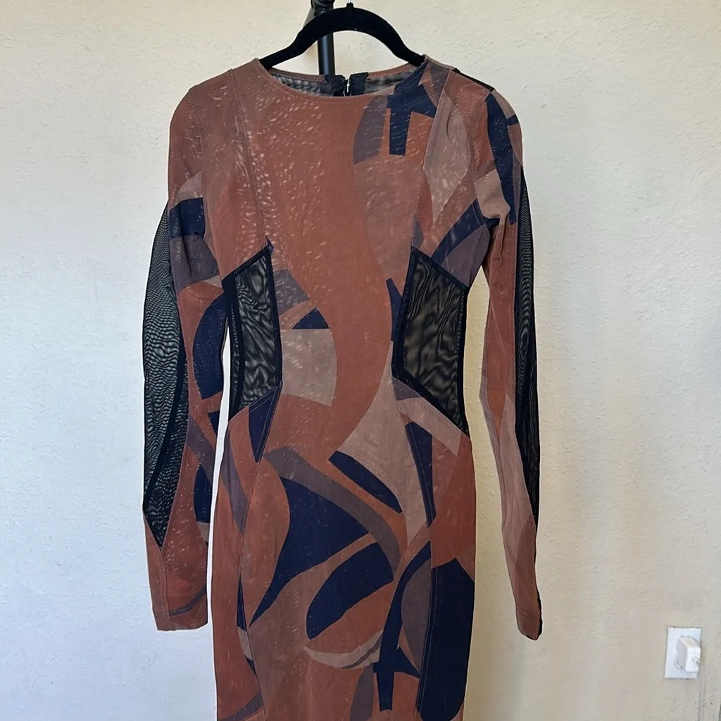 House of CB 'Cassidy' Brown Mesh Printed Long Sleeve Midi Dress NWOT size‎ S - Image 12