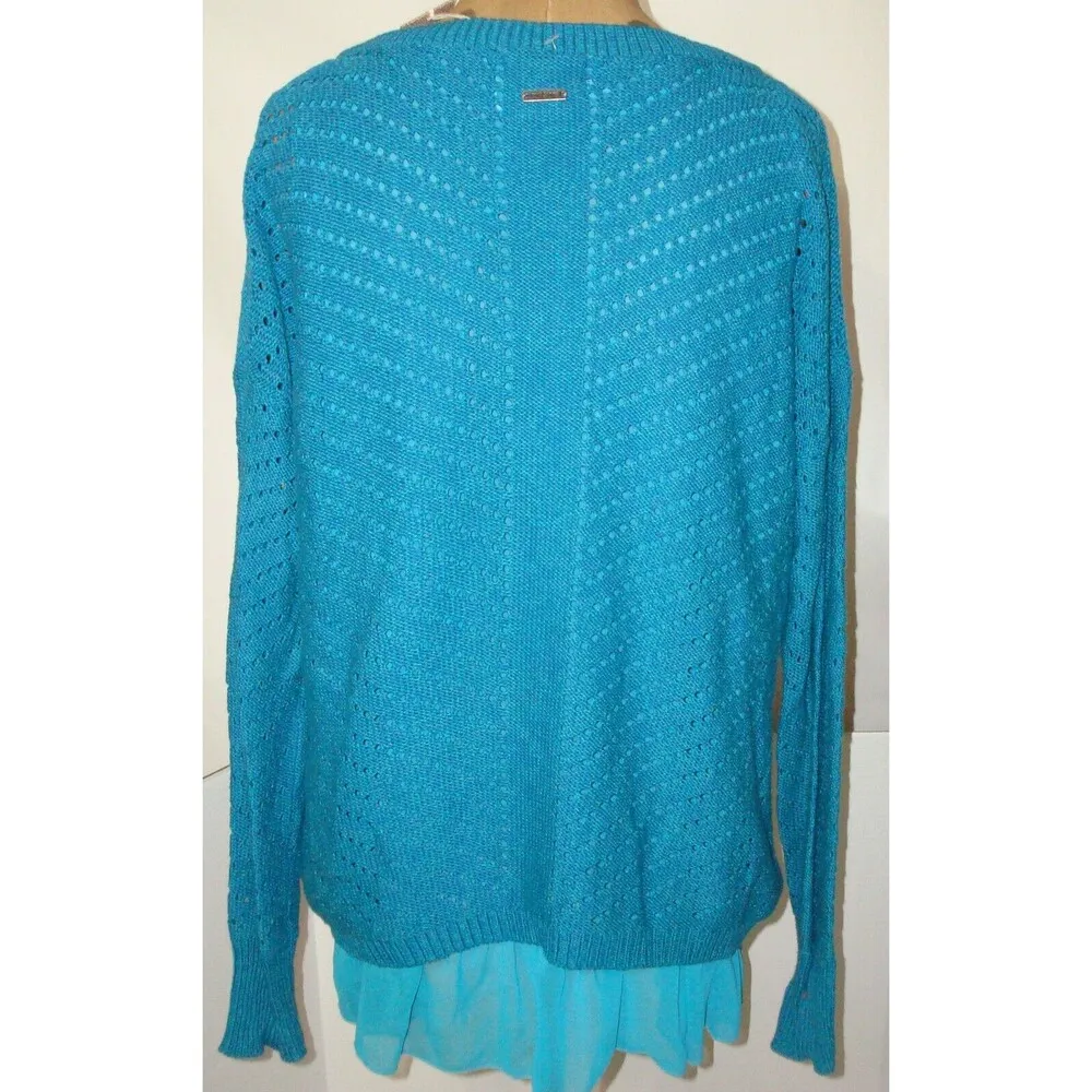 NWT New Womens L Prana Ellery Sweater Top Cotton Aqua Blue Layered LS Logo Soft - Image 3
