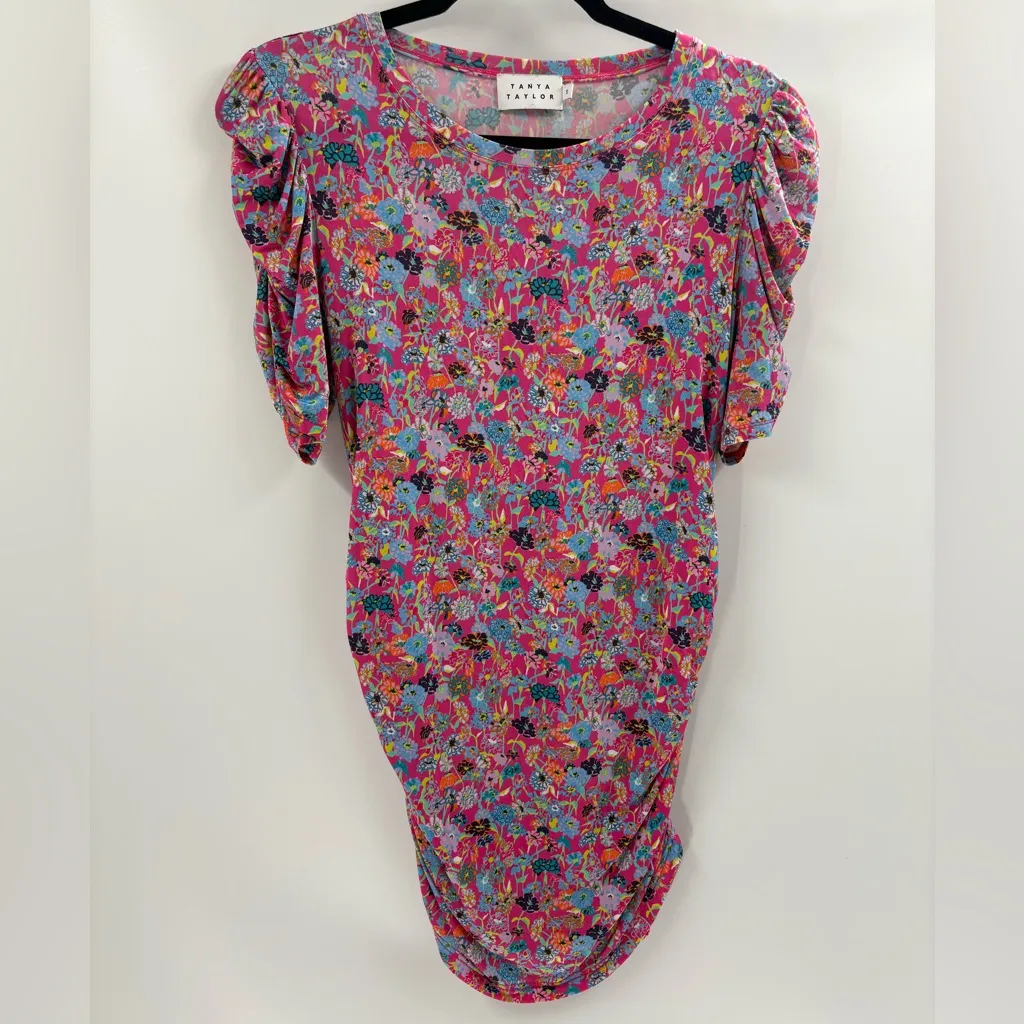 TANYA TAYLOR Women Tunic Top Chaia Pink Floral Rutched Short Sleeve size small - Image 2