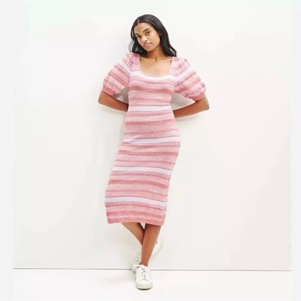 Amour Vert Vivienne Striped Sweater Dress Tan White Large Puff Sleeve Cotton - Image 2