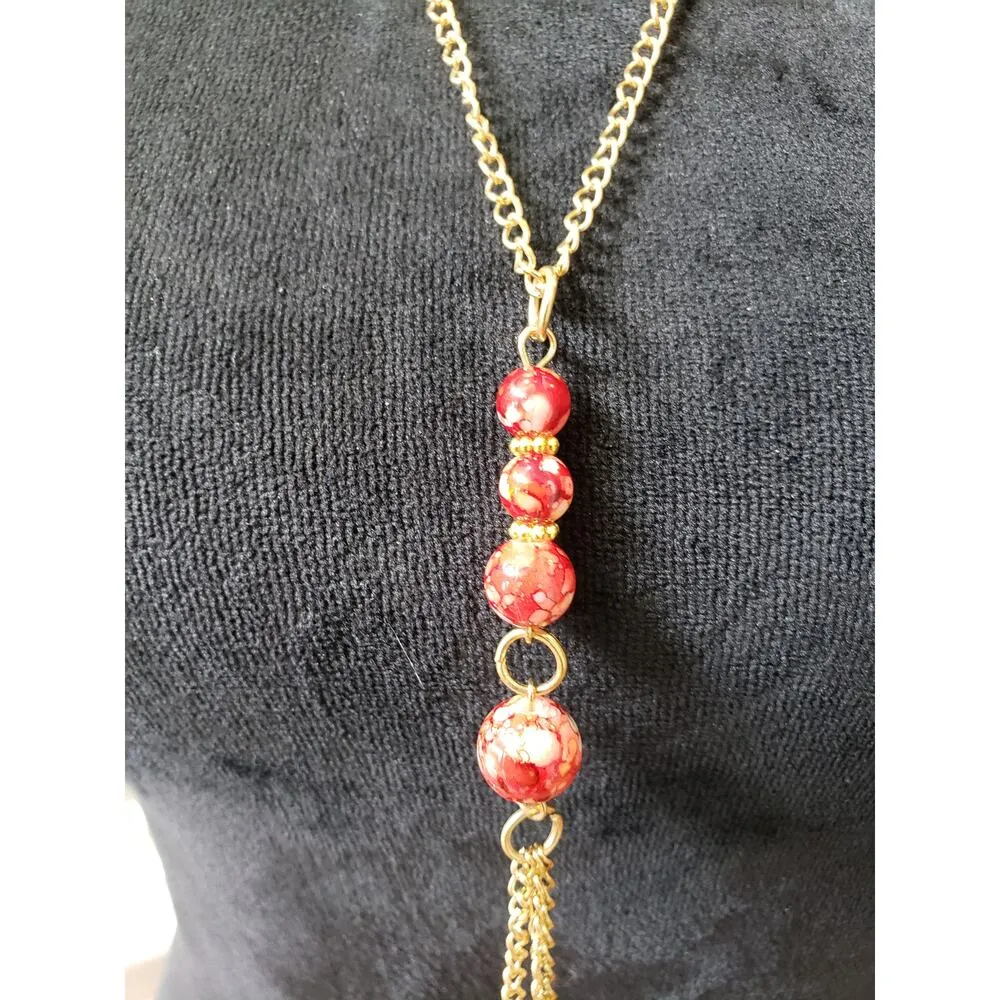 Women's Gold Chain Necklace Red Beaded Drop Pendant Lobster Clasp Jewelry - Image 4