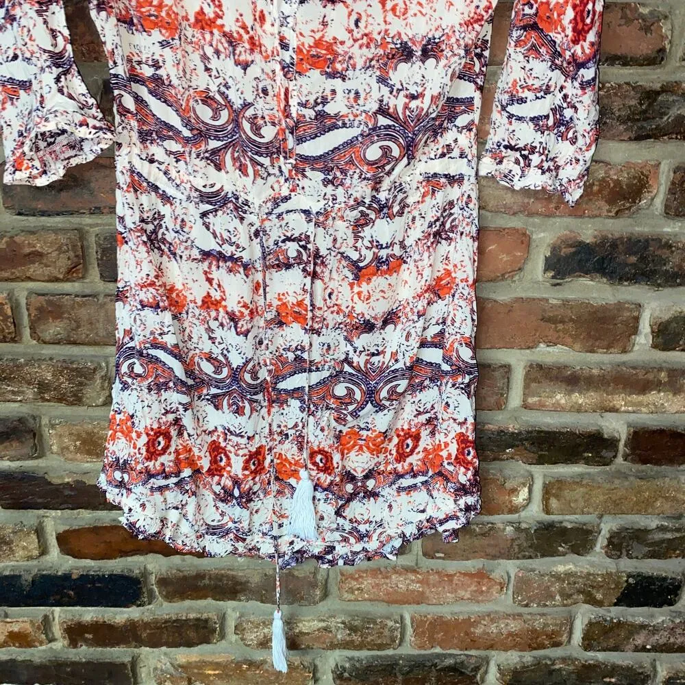 Black Swan Multicolored Print 3/4 Sleeve Mini Tassel Tie Dress Womens Size Large - Image 3