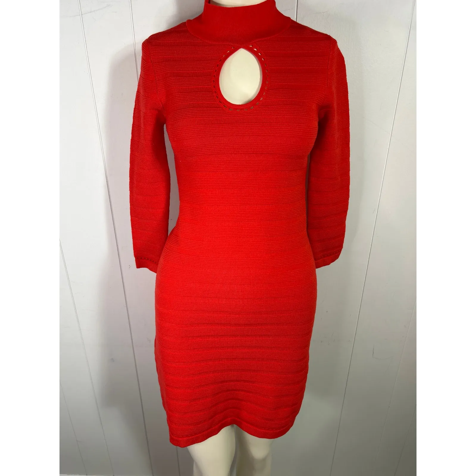 Guess women’s red bodycon sweater dress with mock neck and keyhole cutout Size S - Image 4