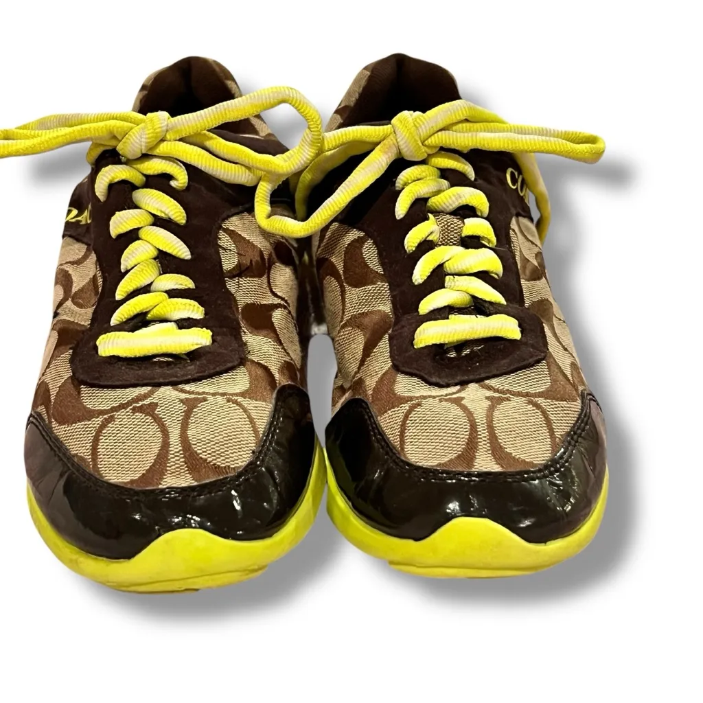 Y2K Vintage Coach Signature Sneakers Low Cut - Brown Neon Yellow and Beige Sz 7 - Image 2