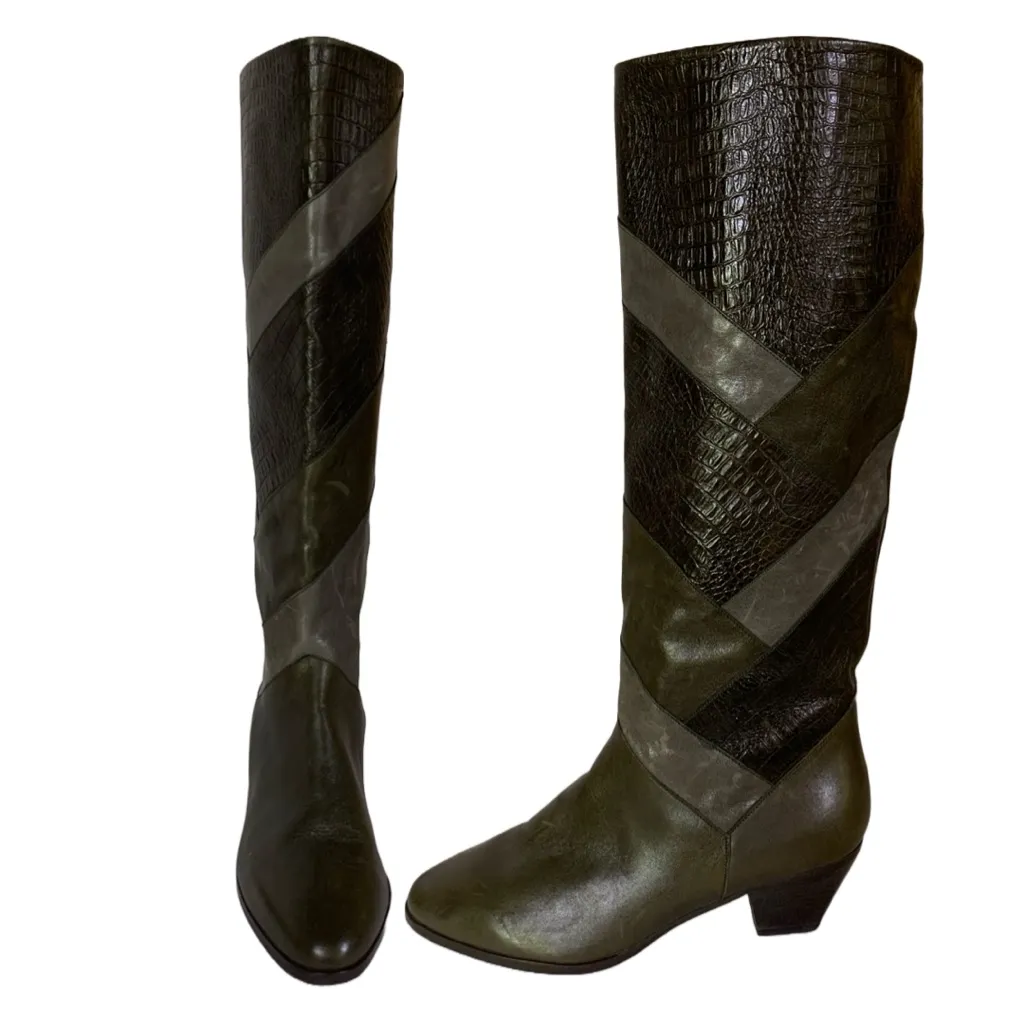 VINTAGE 1980'S HARSCH PATCHWORK LEATHER HEELED CALF HIGH BOOTS (5) Green - Image 3