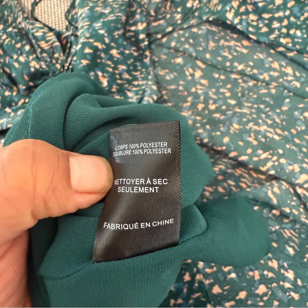 FLORET STUDIOS Long Sleeve Satin Faux Wrap Midi Dress in Green Pink size M Size M - Image 15