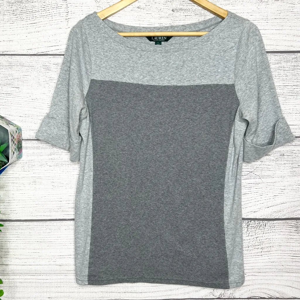 Lauren Ralph Lauren Two-Tone Gray Short Sleeve Casual T-Shirt Top Size Large - Image 8