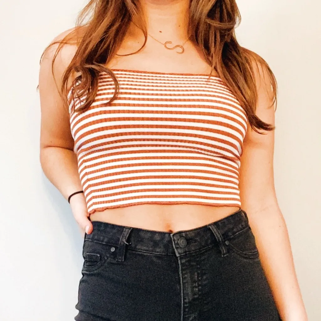 Love Tree Brown White Stripe Ribbed Lettuce Edge Tube Top Size Medium - Image 14