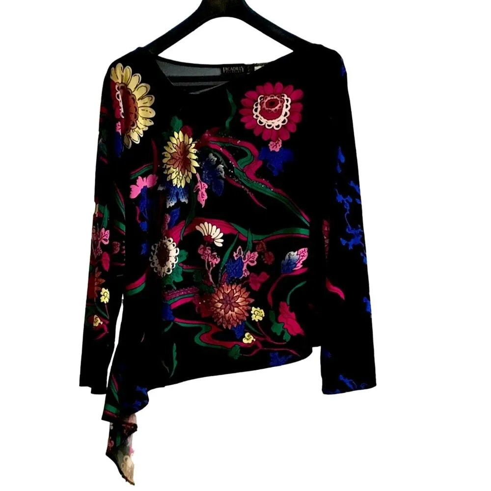 Colorful Flowers Print Blouse Black Size XXL - Image 2
