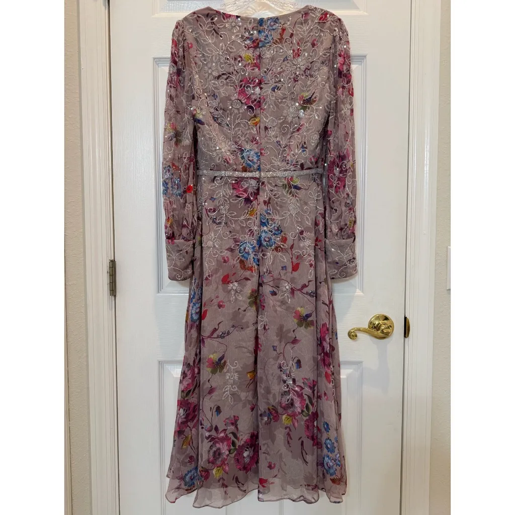 Mac Duggal 9147 Hand Embellished Floral Long Sleeve Midi Dress Size 4 NWT - Image 5