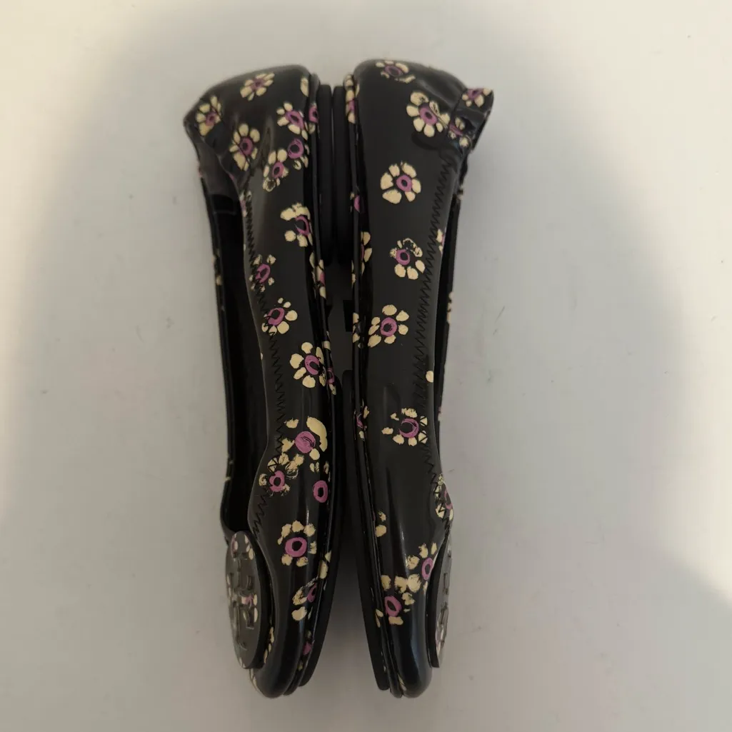 TORY BURCH Minnie Travel Logo Ballet Flats Black Pink Stamped Floral Size 6 - Image 10