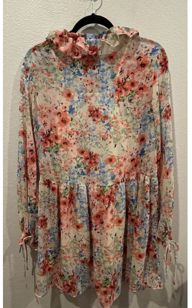 H&M  Floral Long Sleeved Sheer Mini Dress - Image 6