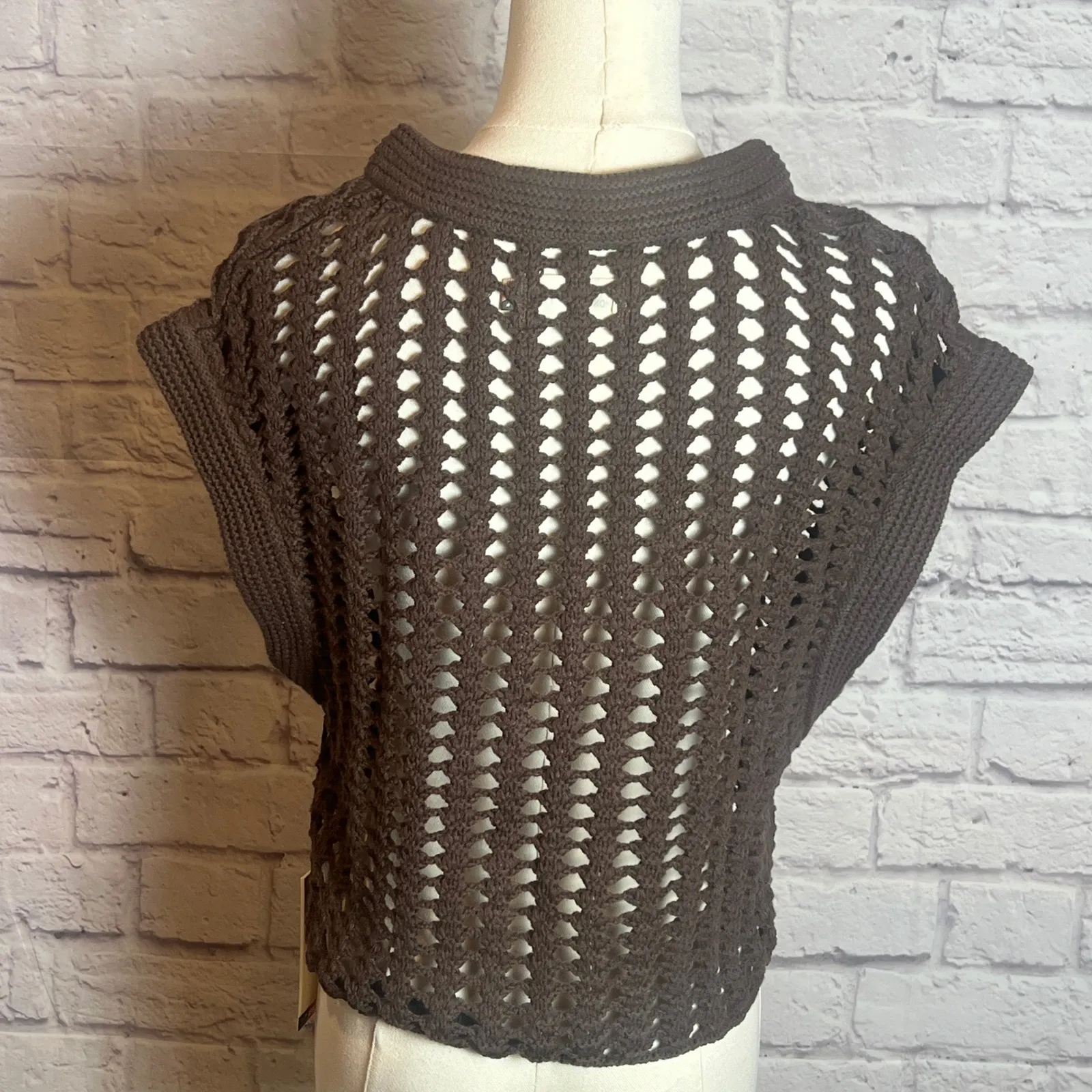 Honor The Gift Women's M Brown Crochet Sweater Vest Cotton Blend Preppy Boho Size M - Image 4