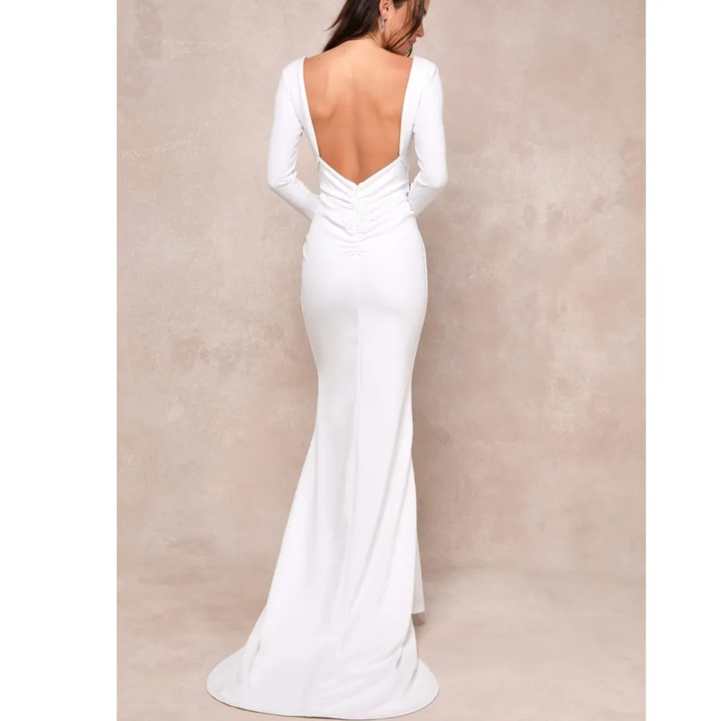 NEW Lulus Extravagant Love White Backless Long Sleeve Ruched Maxi Gown Dress - Image 2