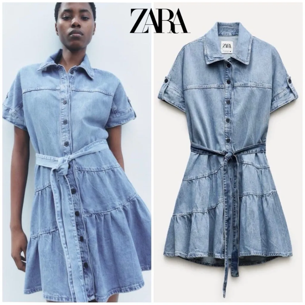 Zara Denim Blue Button Front Belted Tiered Mini Dress Size XL - Image 2