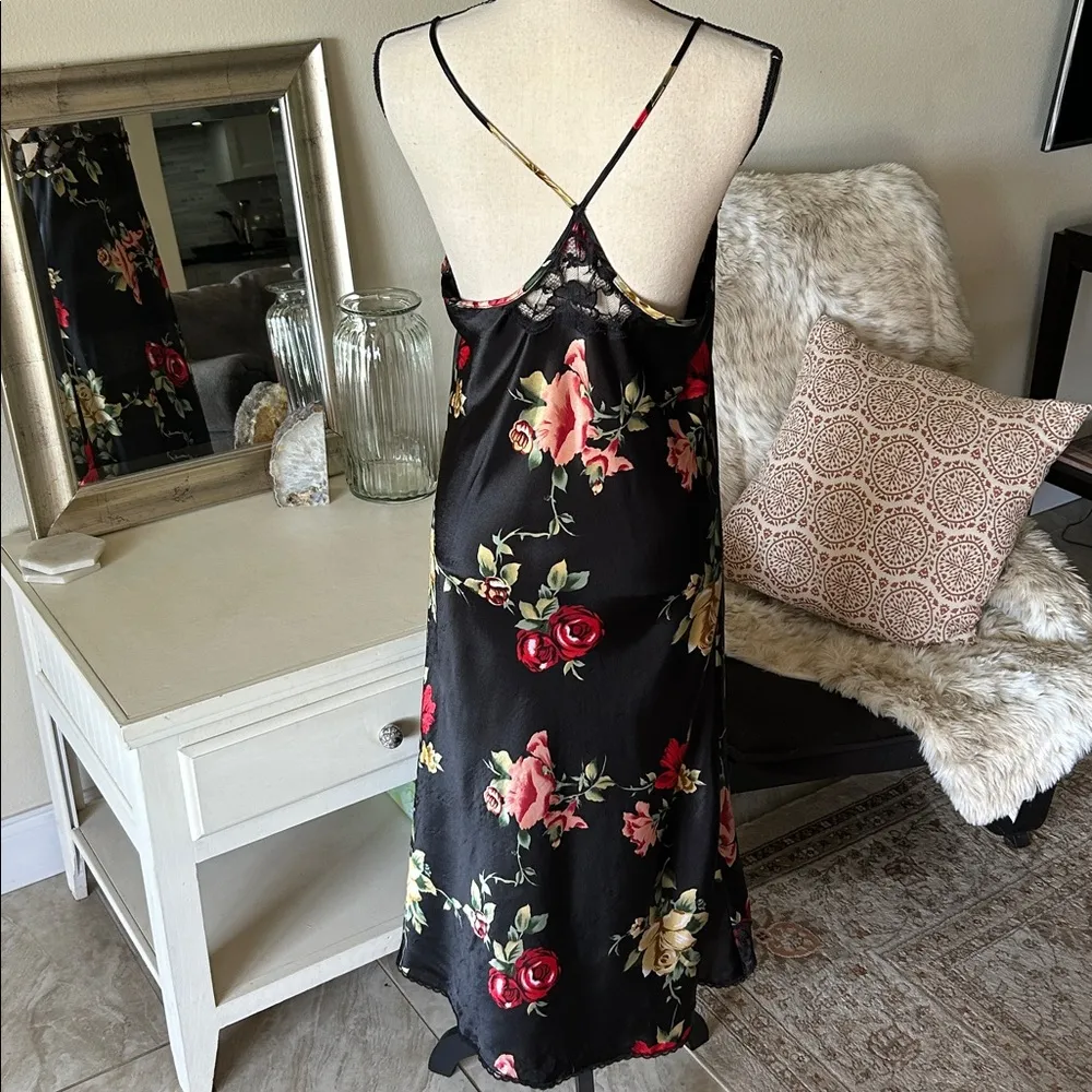 Cinema etoile VTG 🌺 black satin boho romantic floral lace maxi slip dress L​ Size L - Image 7