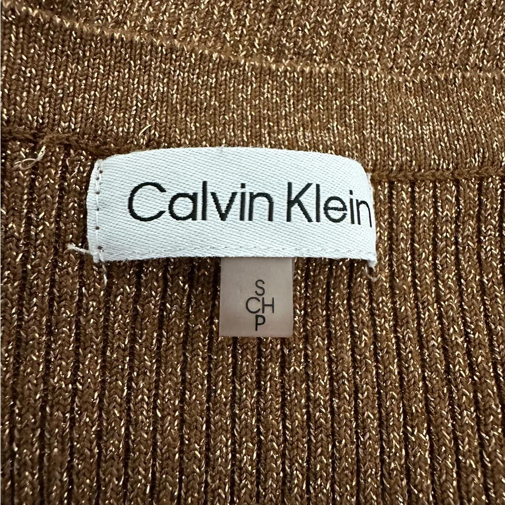 Calvin Klein Bronze Metallic Knit Tie Waist Puff Sleeve Sweater Dress Size Small - Image 4