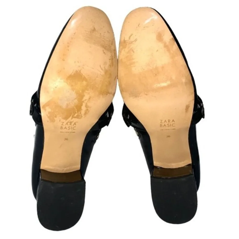 Black/Gold Patent Leather Side Zip Almond Toe Chunky Block Heel Ankle Boots - Image 7