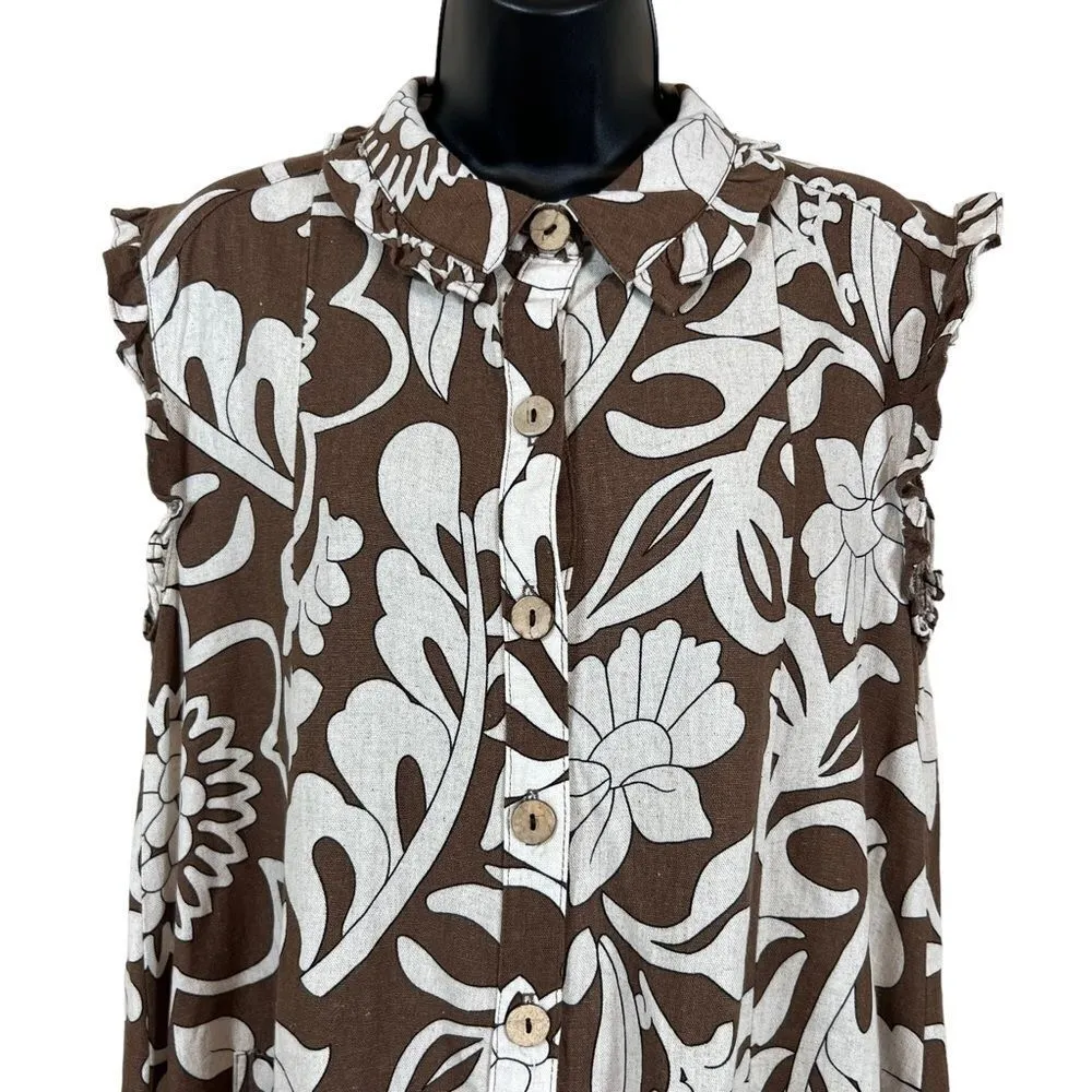 UNCLE FRANK brown & ivory floral ruffled linen blend swing dress - Image 2