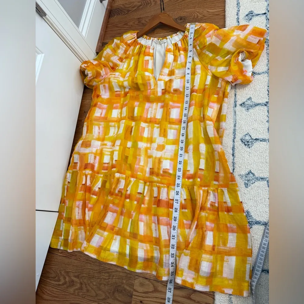 Marie Oliver Greta Puff Sleeves Golden Madras Mini Dress Sz Large - Image 13