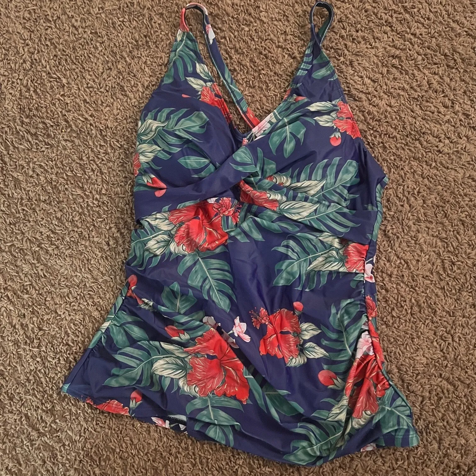 Womens Tankini Top‎ Twist Front Tummy Control Tank Tops Hibiscus Leaf XXL Blue Size undefined - Image 3