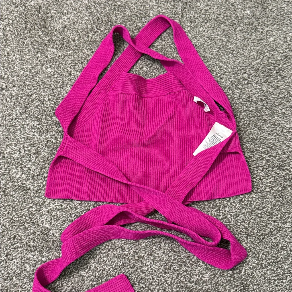 Aritzia WILFRED Fuchsia Pink Ribbed Crop Cross Tie Wrap Tank Top XS - Image 3
