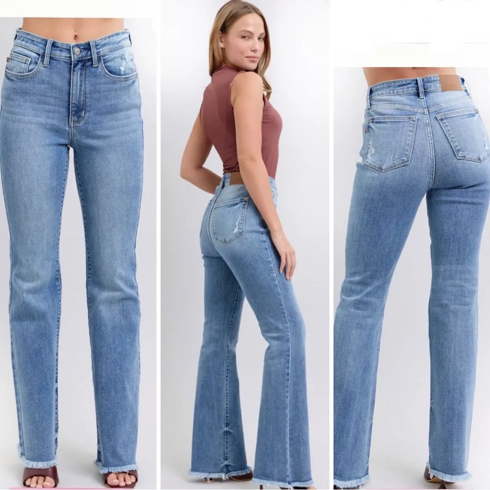 JUDY BLUE High Rise Bootcut Jeans Distressed Fray Hem Medium Wash Size 0 24 NEW - Image 12