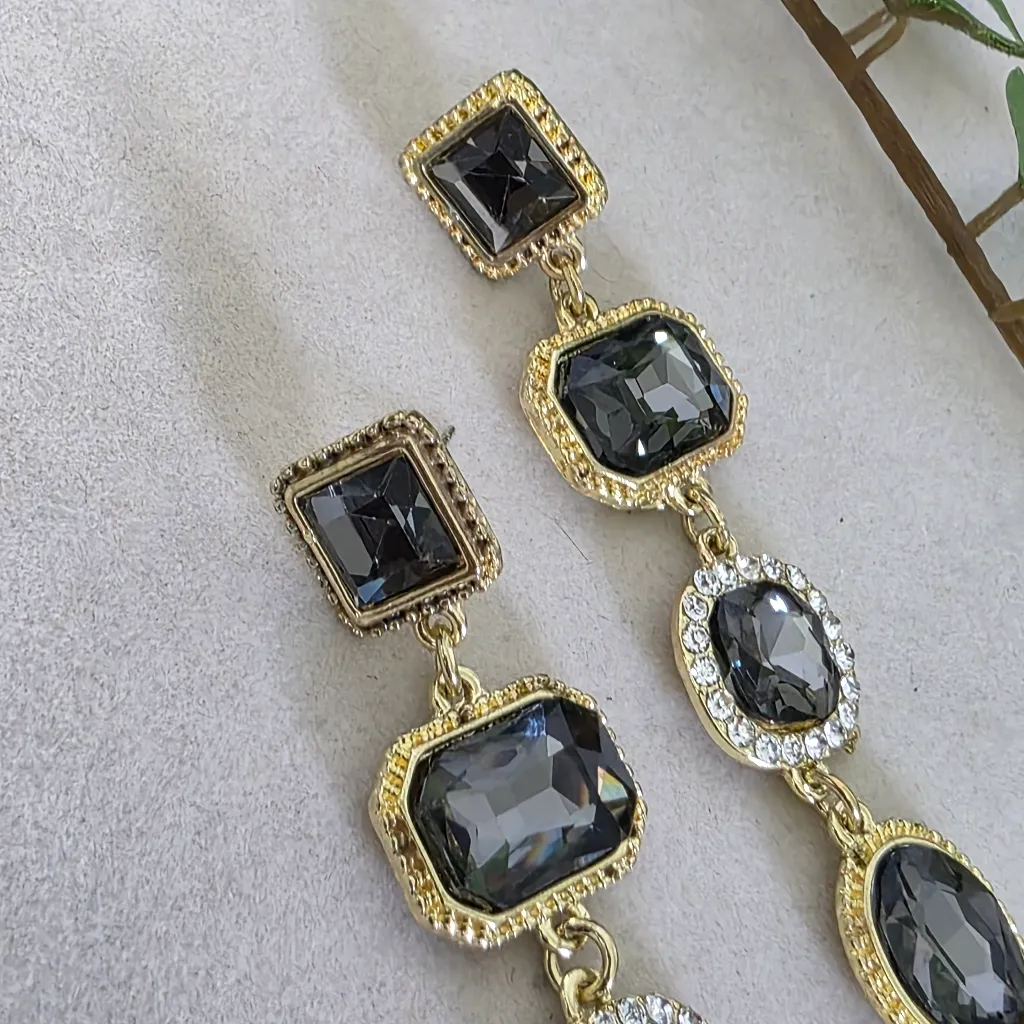 Statement Long Glam Earrimgs Gold with Smokey Grey - Image 2